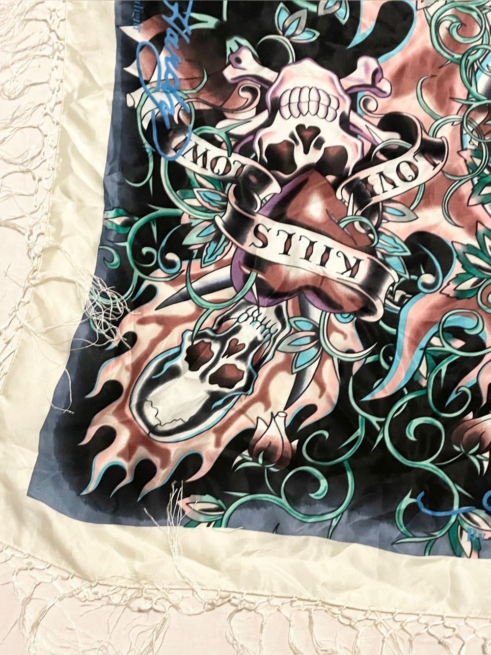 VTG Ed Hardy Christian Audigier Love Kills Slowly Fringe Silk Scarf Shawl - Picture 3 of 16